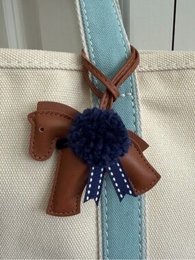 Adorable Preppy Saddle Brown Leather Horse Bag Charm with Navy Pom & Ribbon